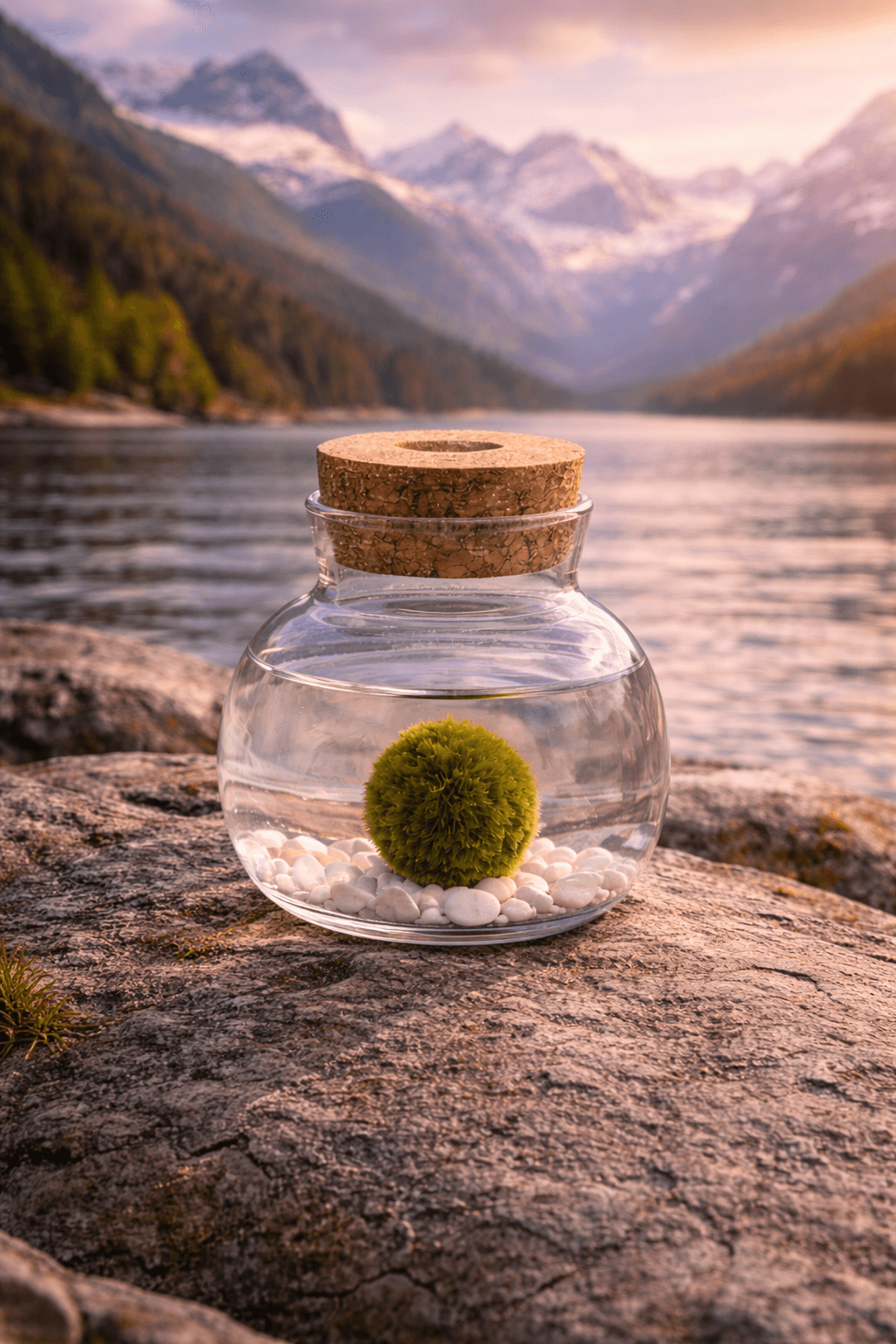 Marimo in a glass jar by an alpine lake