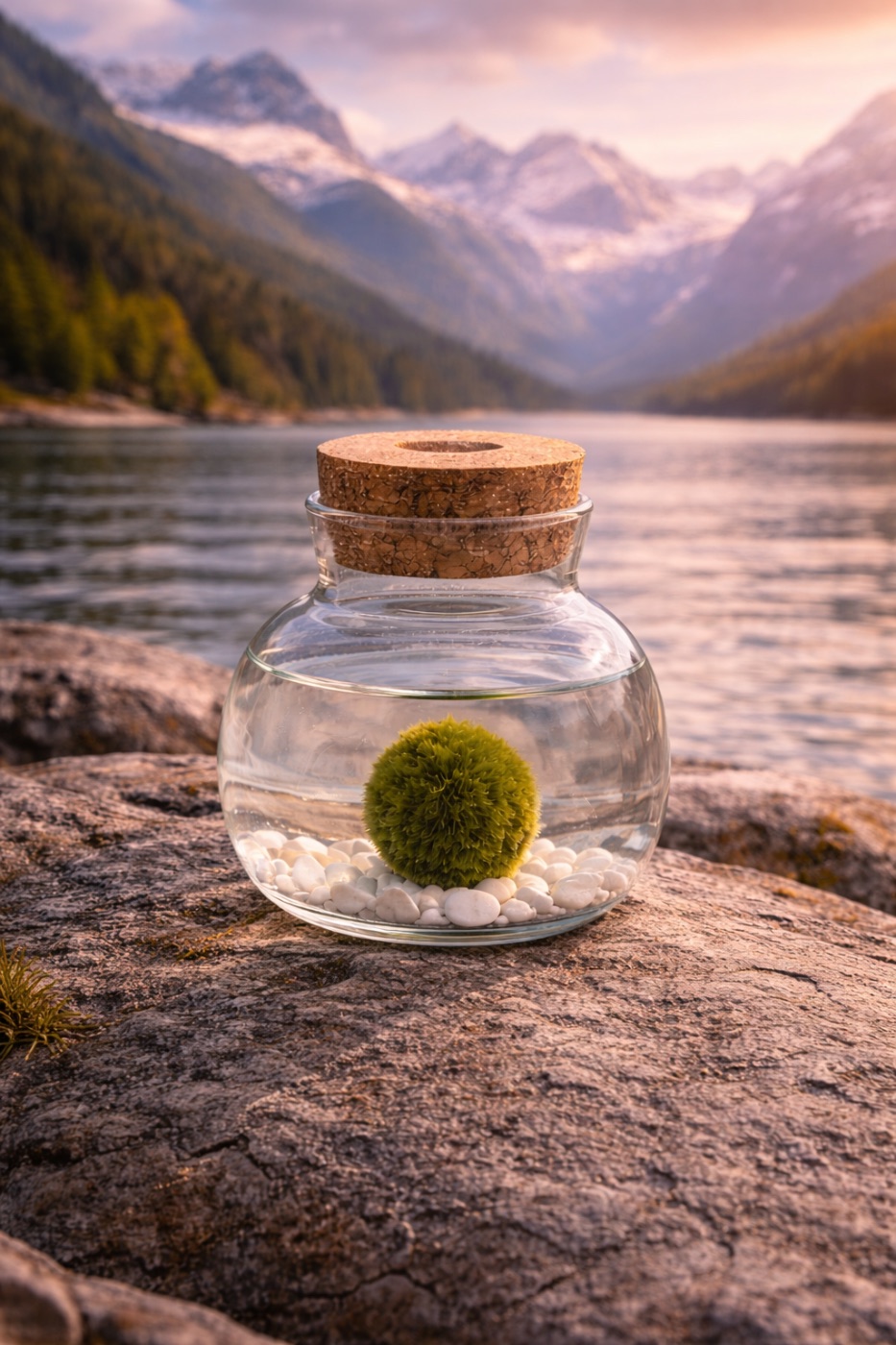 Marimo moss ball by an alpine lake